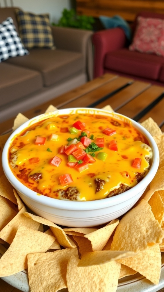 A bowl of cheesy hamburger dip with tortilla chips on a wooden table.